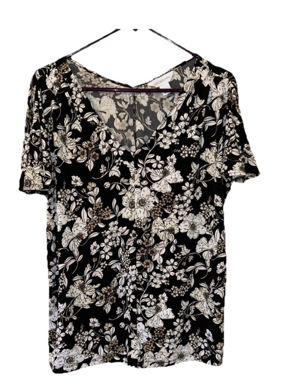 Liz Claiborne Black White Floral V-Neck Blouse Large NWOT